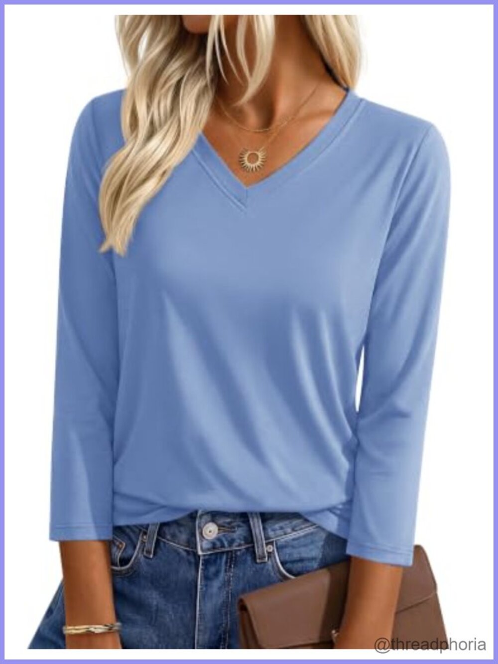 Womens V Neck 3/4 Sleeve T-Shirt Cotton Blend Casual Loose Fit Top